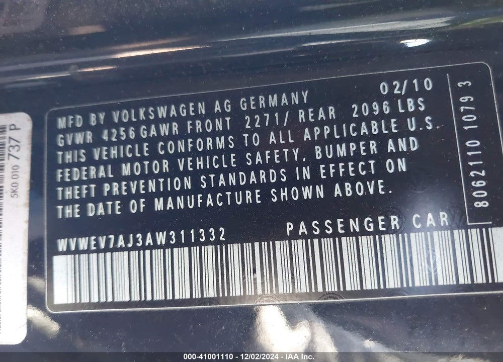 2010 VOLKSWAGEN GTI 2-DOOR VIN: WVWEV7AJ3AW311332