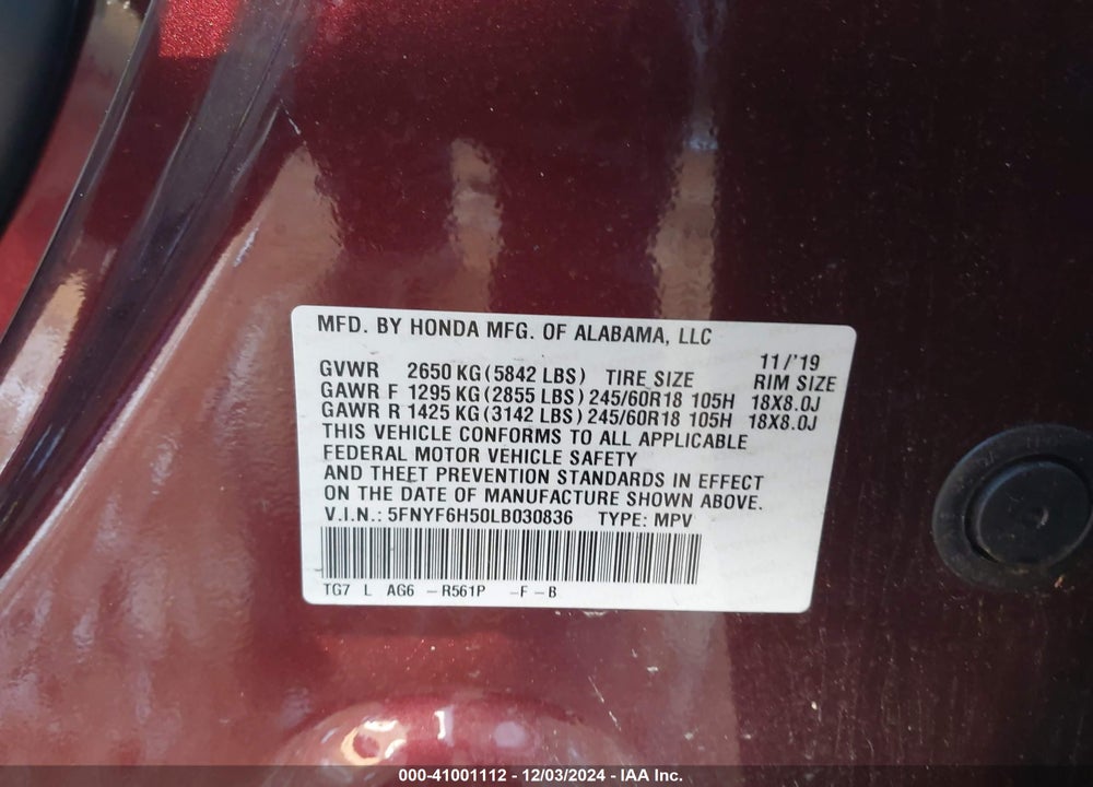 2020 HONDA PILOT AWD EX-L VIN: 5FNYF6H50LB030836