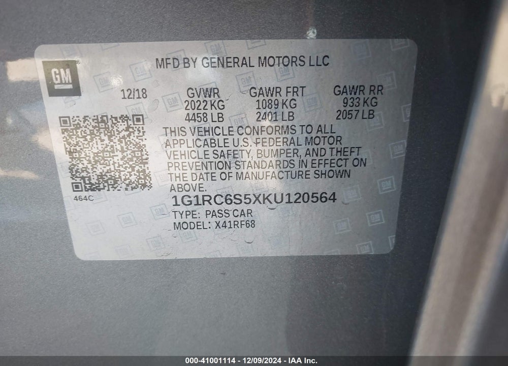 2019 CHEVROLET VOLT LT VIN: 1G1RC6S5XKU120564