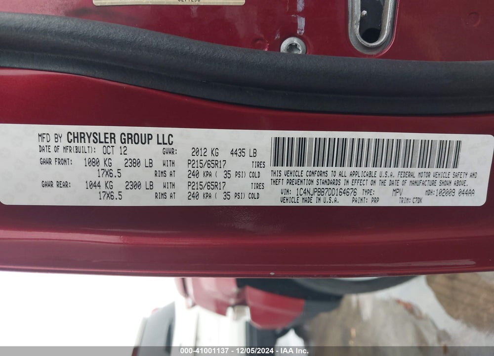 2013 JEEP PATRIOT SPORT VIN: 1C4NJPBB7DD164676