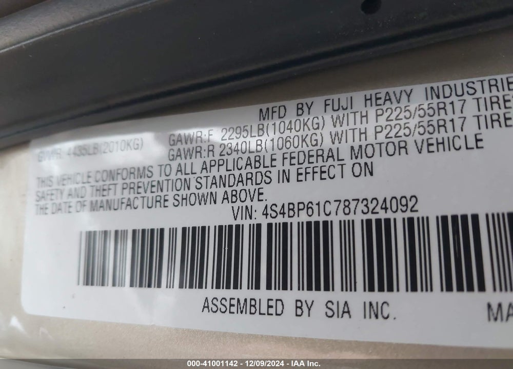 2008 SUBARU OUTBACK 2.5I/2.5I L.L. BEAN EDITION VIN: 4S4BP61C787324092