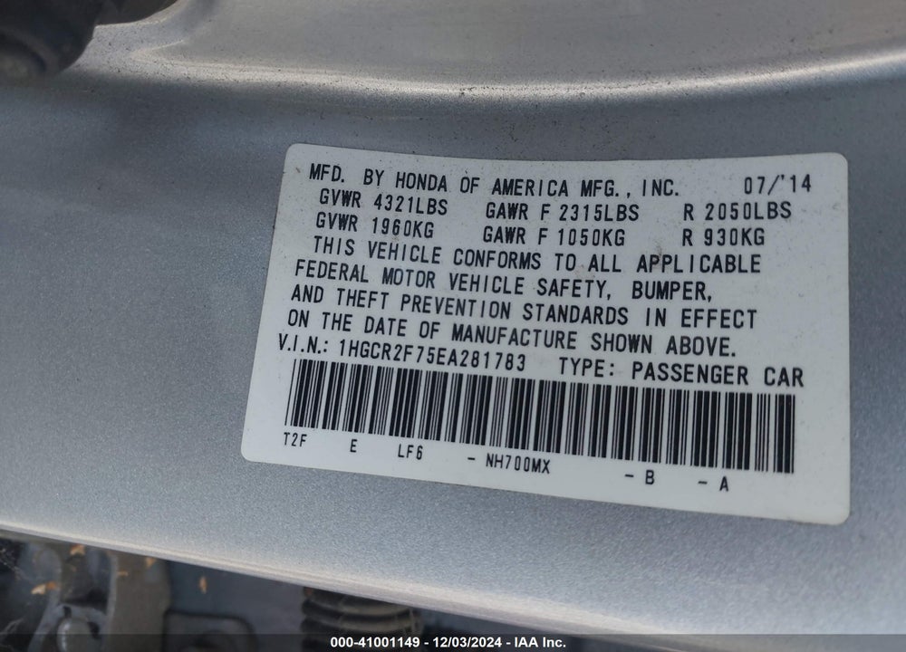 2014 HONDA ACCORD EX VIN: 1HGCR2F75EA281783