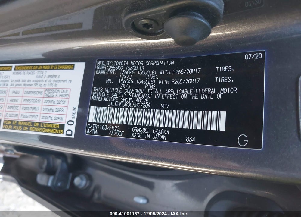 2020 TOYOTA 4RUNNER SR5 VIN: JTEBU5JR3L5827209