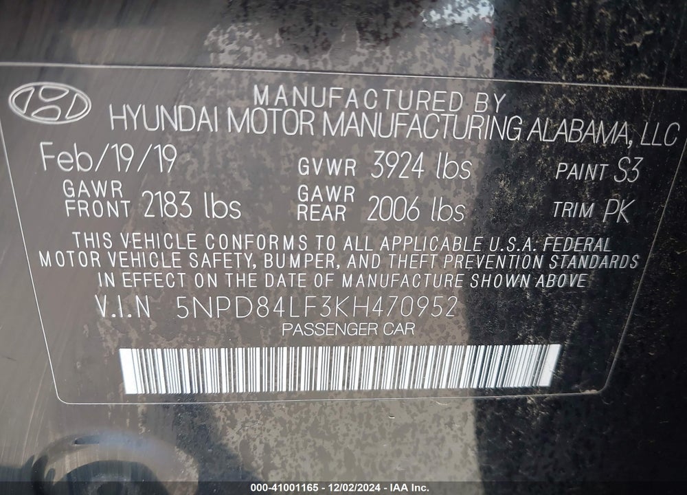 2019 HYUNDAI ELANTRA VIN: 5NPD84LF3KH470952