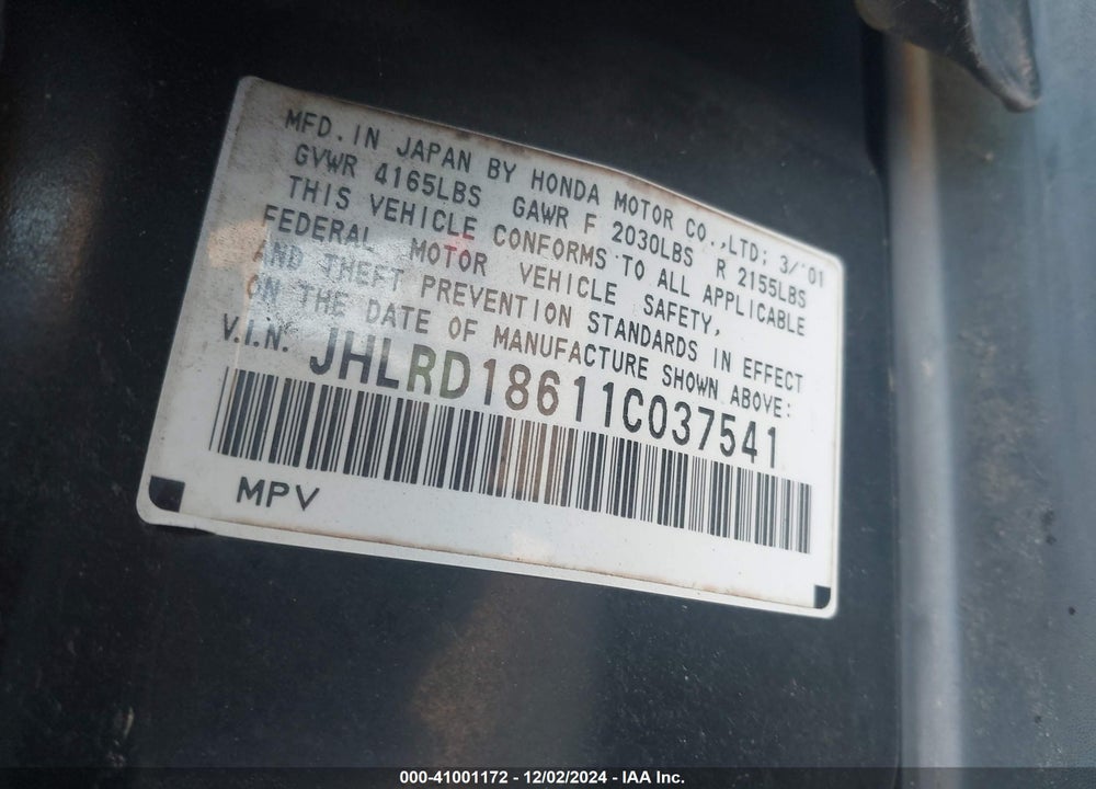 2001 HONDA CR-V EX VIN: JHLRD18611C037541
