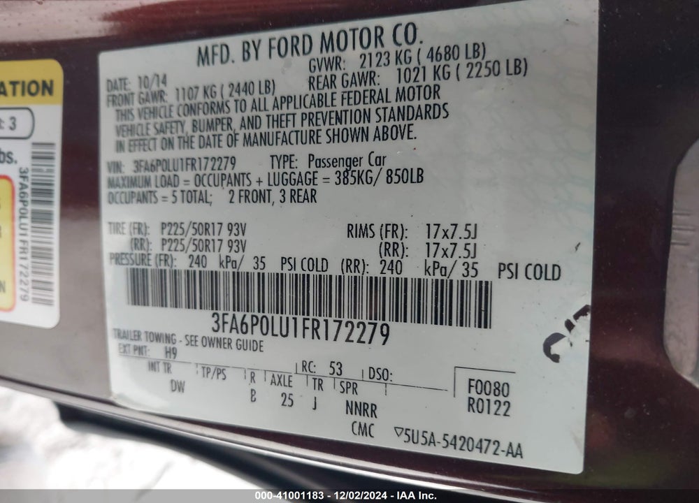 2015 FORD FUSION HYBRID SE VIN: 3FA6P0LU1FR172279