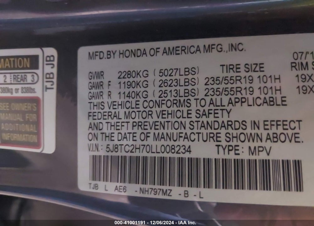 2020 ACURA RDX ADVANCE PACKAGE VIN: 5J8TC2H70LL008234