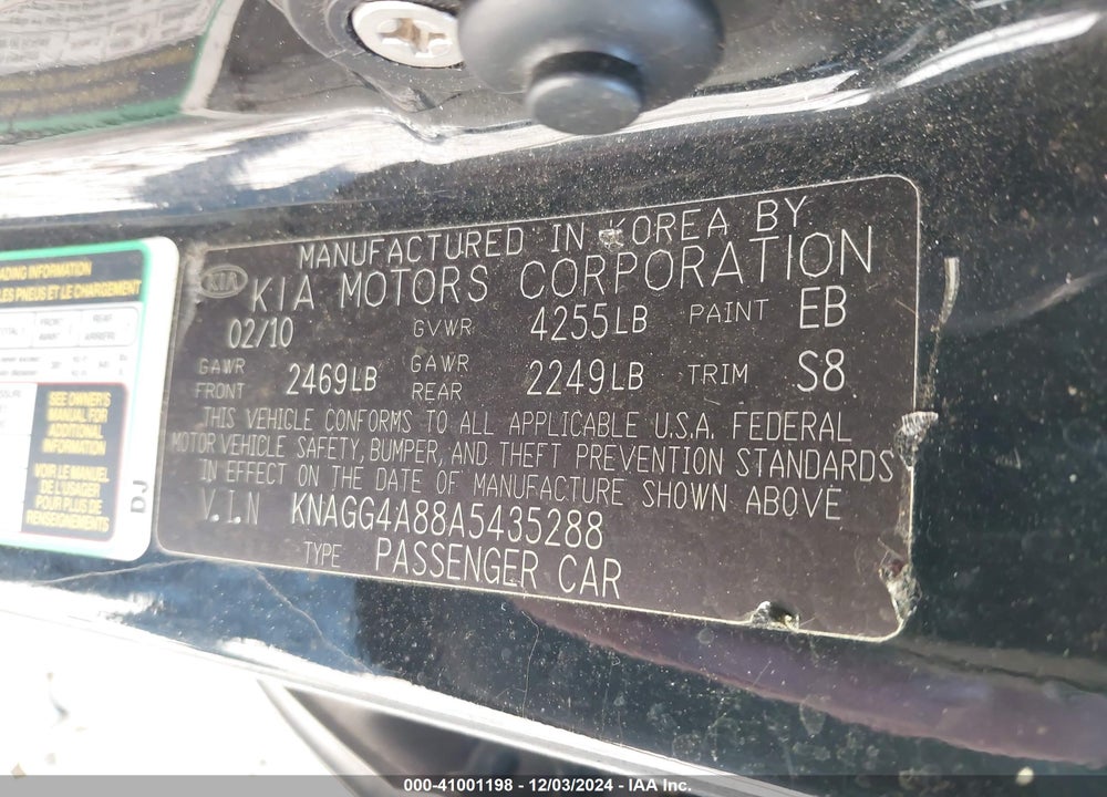 2010 KIA OPTIMA LX VIN: KNAGG4A88A5435288