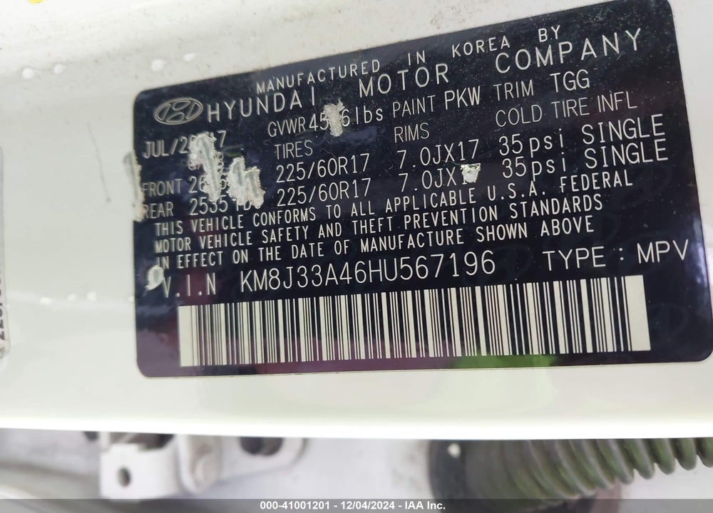 2017 HYUNDAI TUCSON SE VIN: KM8J33A46HU567196