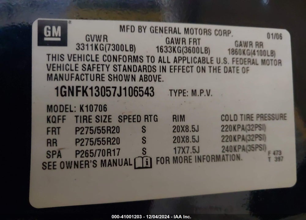 2007 CHEVROLET TAHOE LTZ VIN: 1GNFK13057J106543