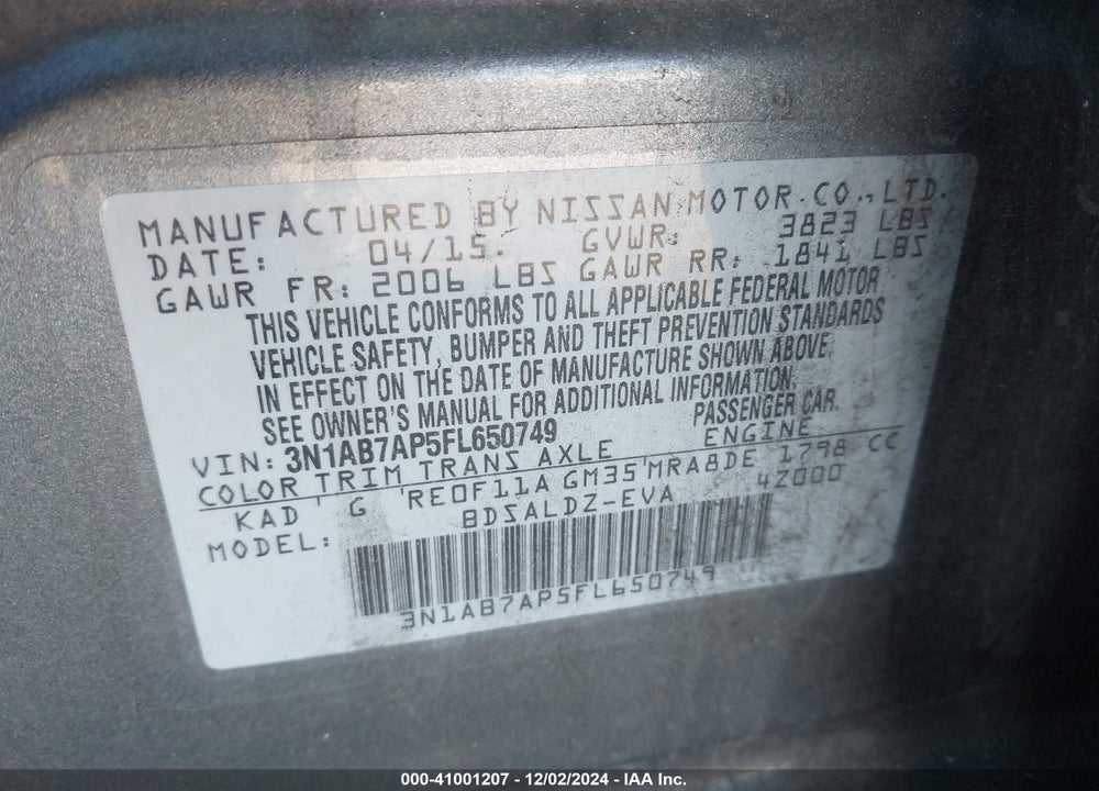 2015 NISSAN SENTRA FE+ S/S/SL/SR/SV VIN: 3N1AB7AP5FL650749