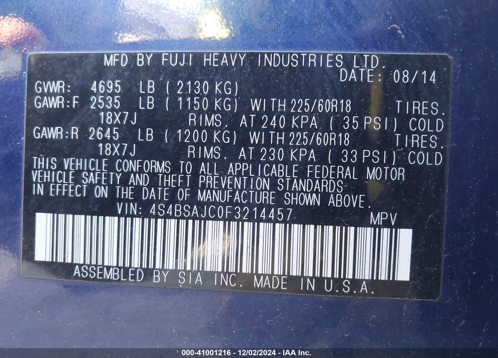 2015 SUBARU OUTBACK 2.5I LIMITED VIN: 4S4BSAJC0F3214457