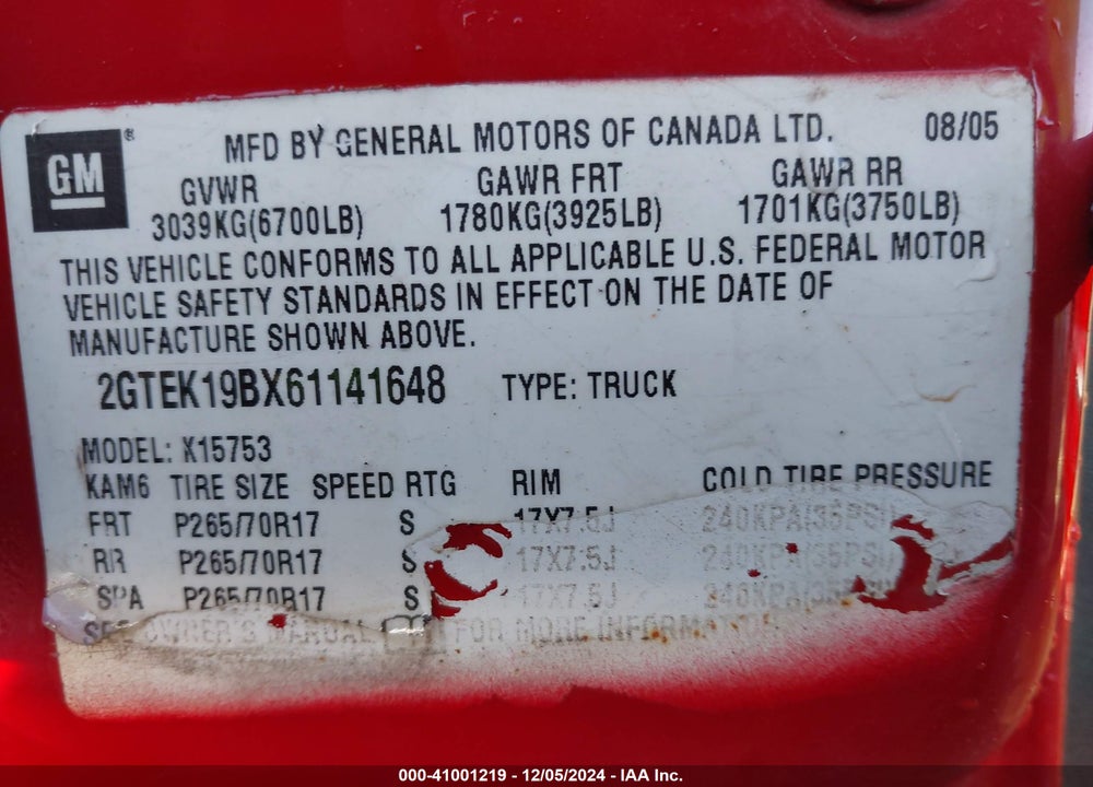 2006 GMC SIERRA 1500 SLT VIN: 2GTEK19BX61141648