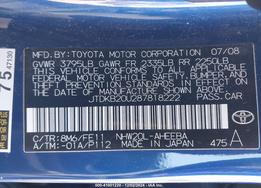 2008 TOYOTA PRIUS VIN: JTDKB20U287818222