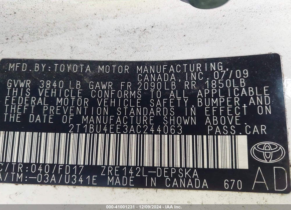 2010 TOYOTA COROLLA S VIN: 2T1BU4EE3AC244063