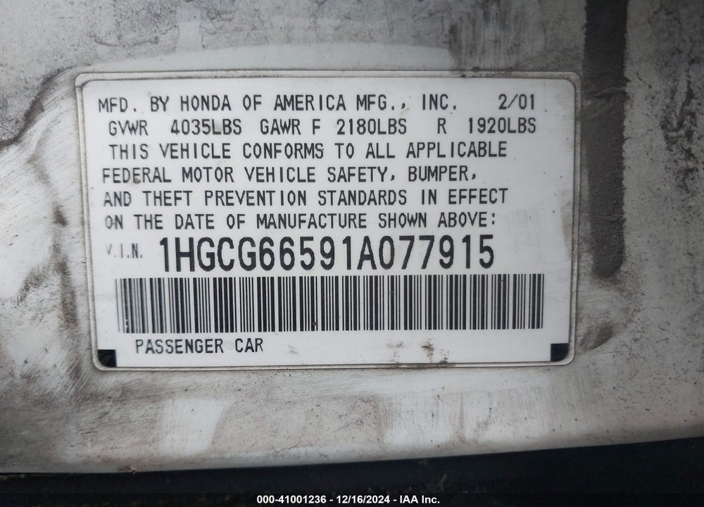 2001 HONDA ACCORD 2.3 LX VIN: 1HGCG66591A077915