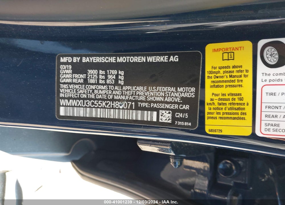 2019 MINI COOPER VIN: WMWXU3C55K2H89071