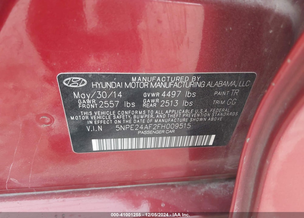 2015 HYUNDAI SONATA SE VIN: 5NPE24AF2FH009515