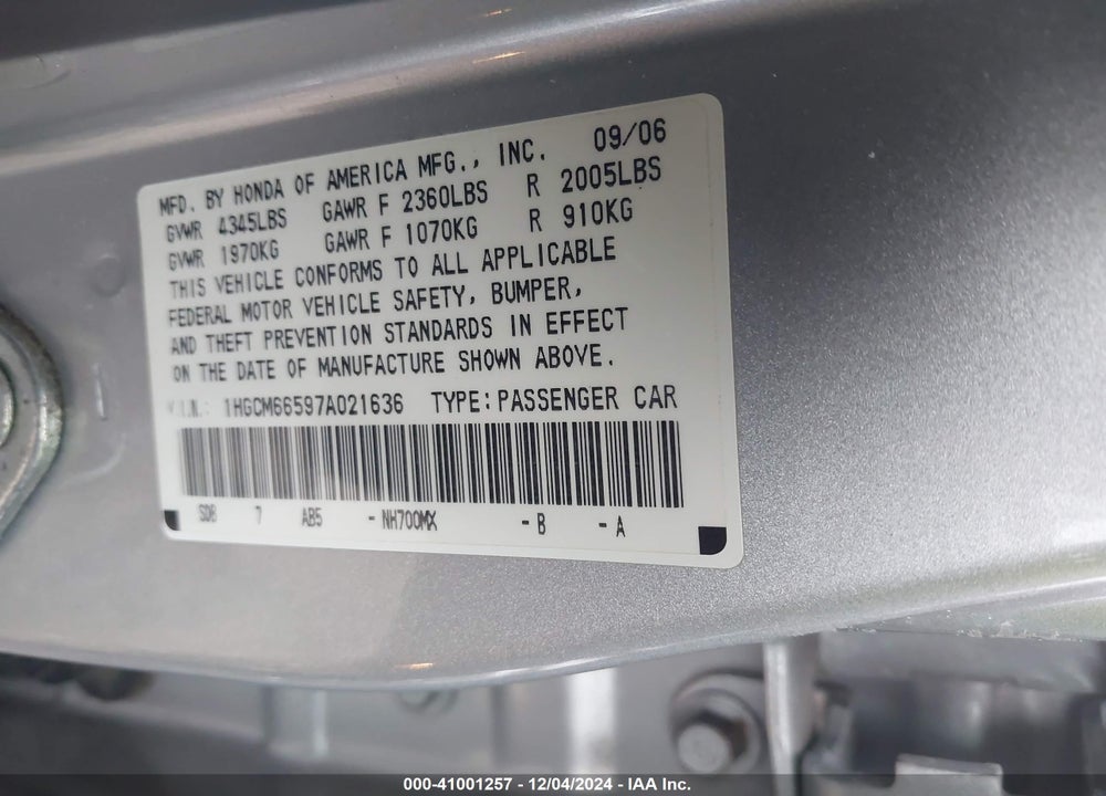 2007 HONDA ACCORD 3.0 EX VIN: 1HGCM66597A021636
