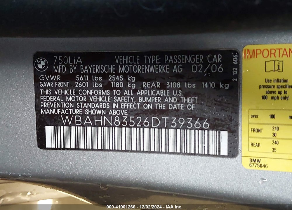2006 BMW 750LI VIN: WBAHN83526DT39366