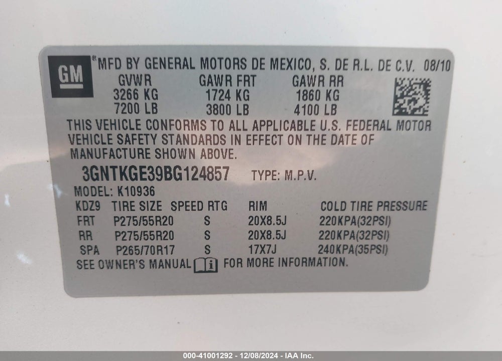 2011 CHEVROLET AVALANCHE 1500 LTZ VIN: 3GNTKGE39BG124857