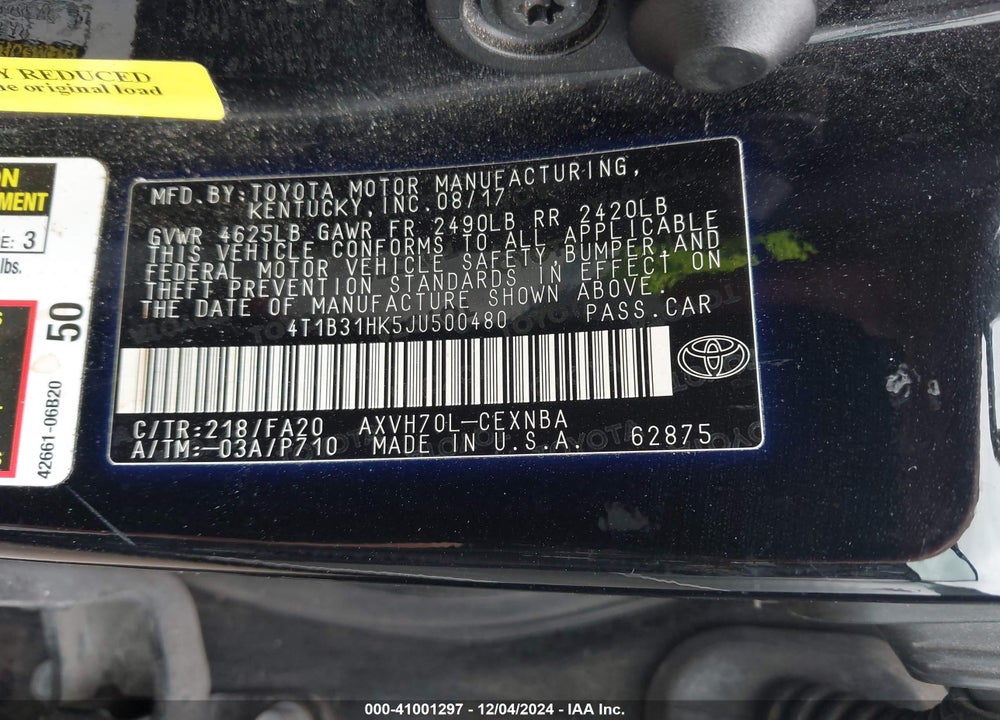2018 TOYOTA CAMRY HYBRID LE VIN: 4T1B31HK5JU500480
