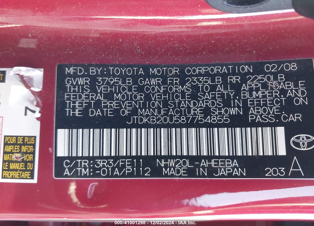 2008 TOYOTA PRIUS VIN: JTDKB20U587754855