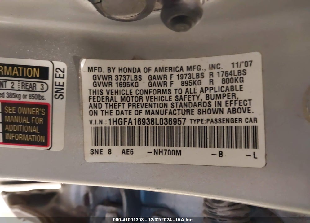 2008 HONDA CIVIC EX-L VIN: 1HGFA16938L036957