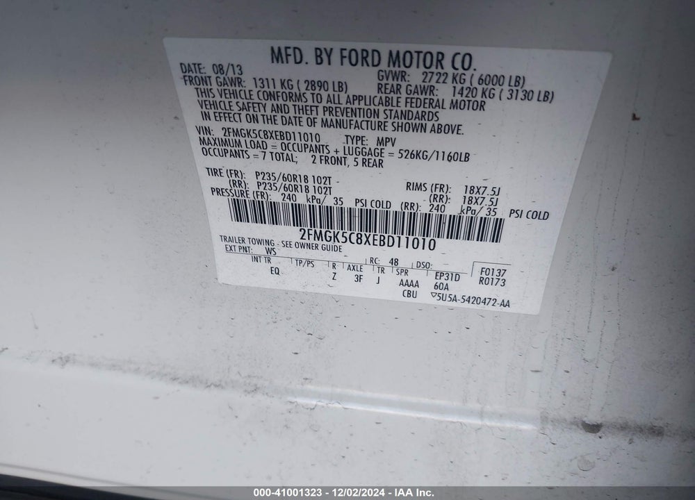 2014 FORD FLEX SEL VIN: 2FMGK5C8XEBD11010