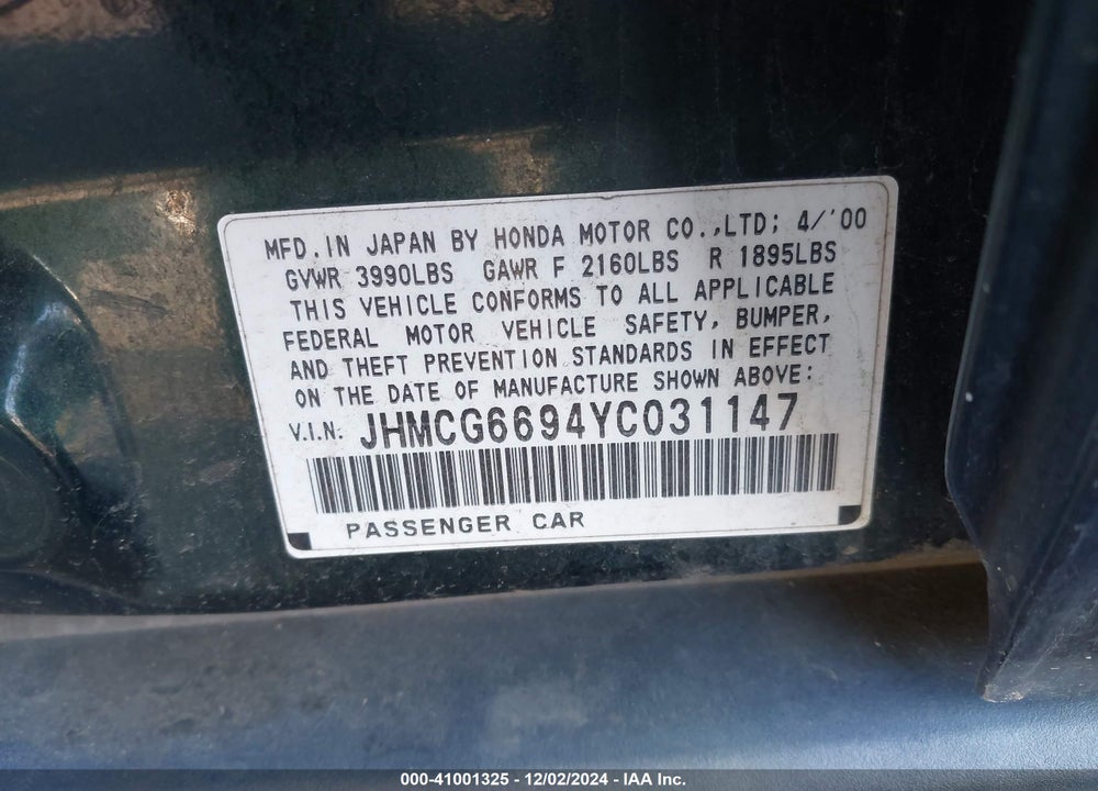 2000 HONDA ACCORD 2.3 SE VIN: JHMCG6694YC031147