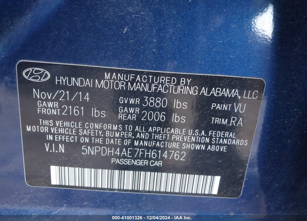 2015 HYUNDAI ELANTRA SE VIN: 5NPDH4AE7FH614762
