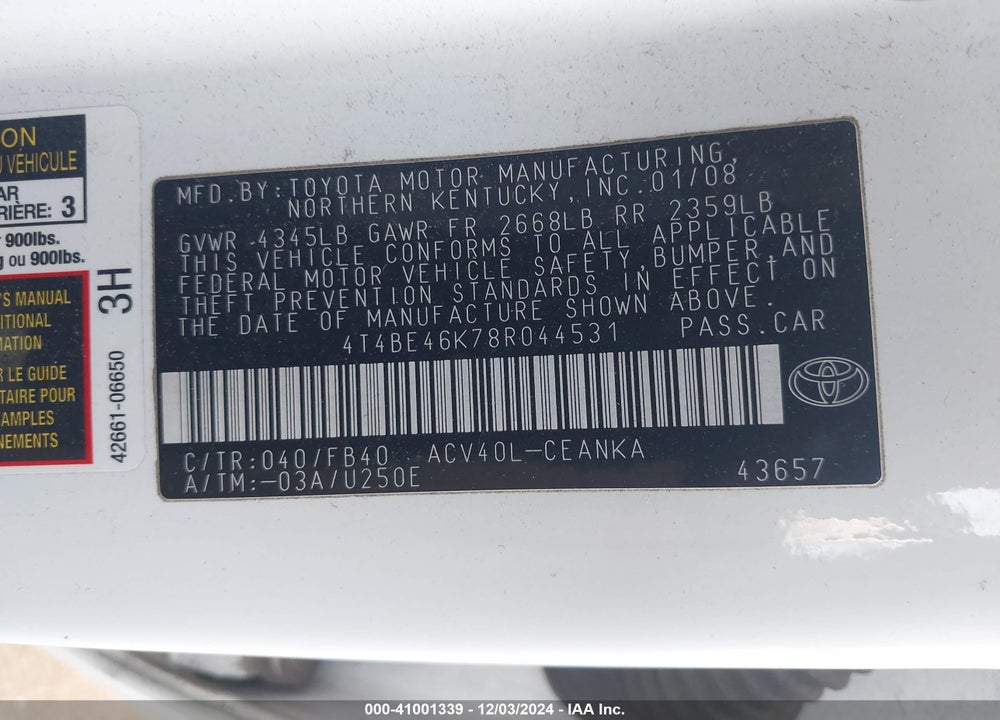 2008 TOYOTA CAMRY LE VIN: 4T4BE46K78R044531