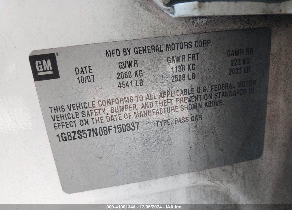 2008 SATURN AURA XE VIN: 1G8ZS57N08F150337