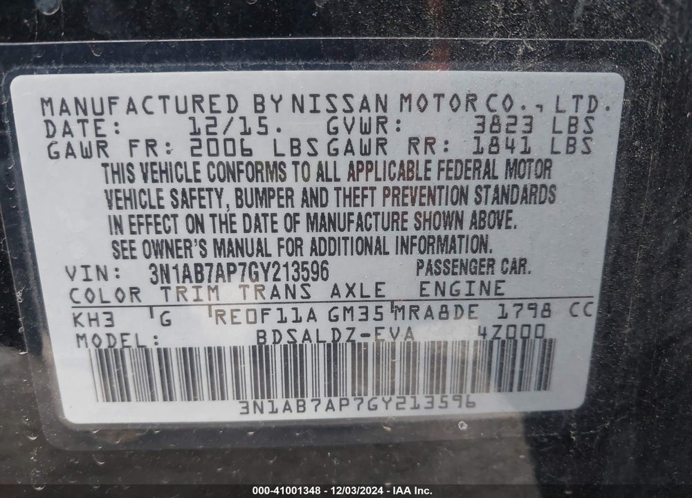 2016 NISSAN SENTRA SV VIN: 3N1AB7AP7GY213596