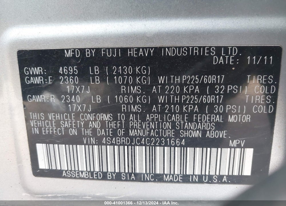 2012 SUBARU OUTBACK 3.6R LIMITED VIN: 4S4BRDJC4C2231664