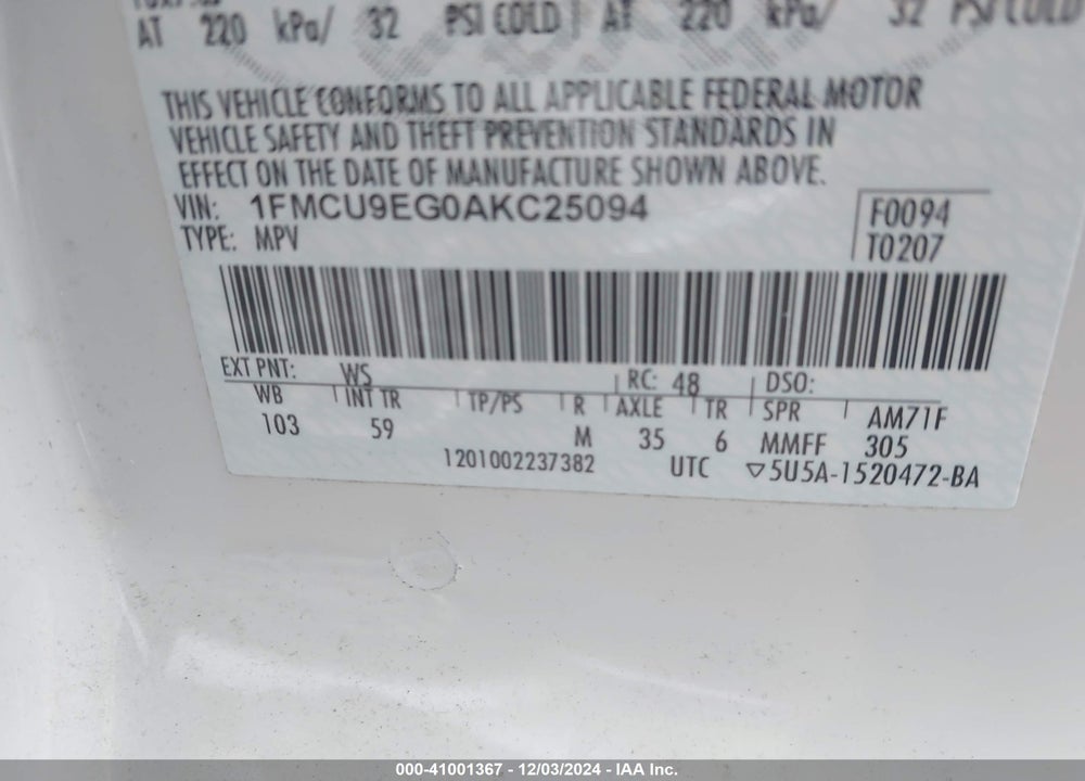 2010 FORD ESCAPE LIMITED VIN: 1FMCU9EG0AKC25094