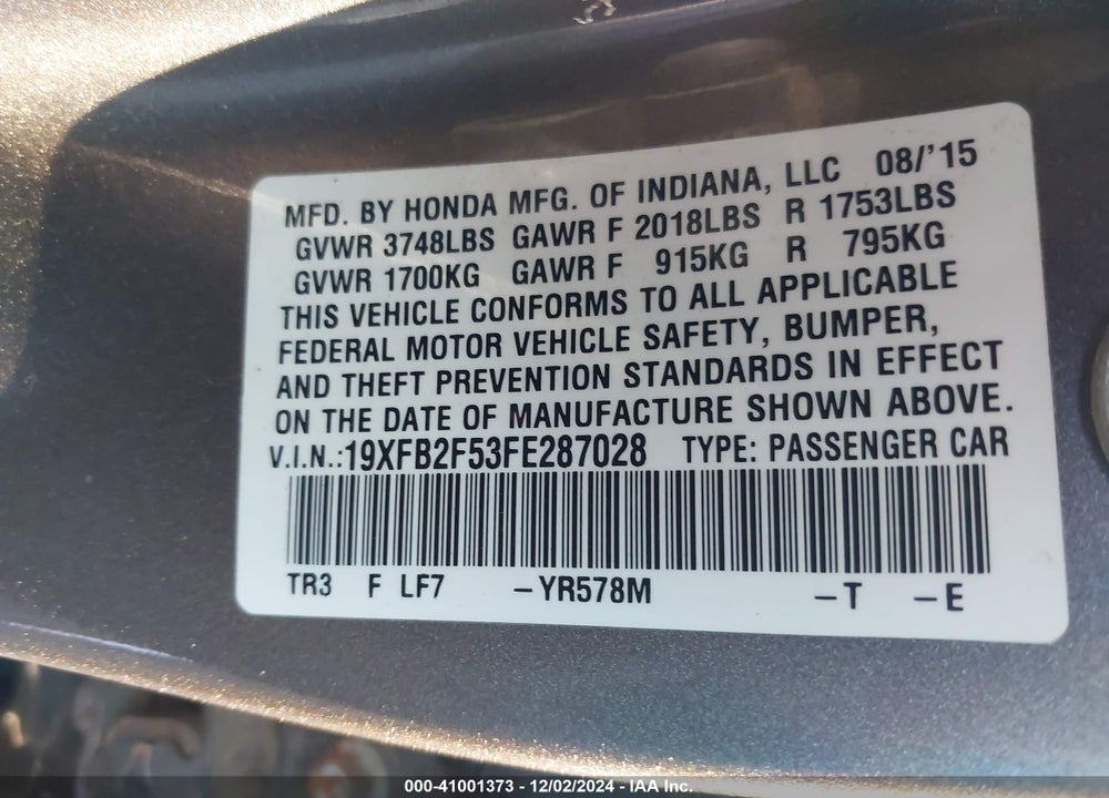 2015 HONDA CIVIC LX VIN: 19XFB2F53FE287028