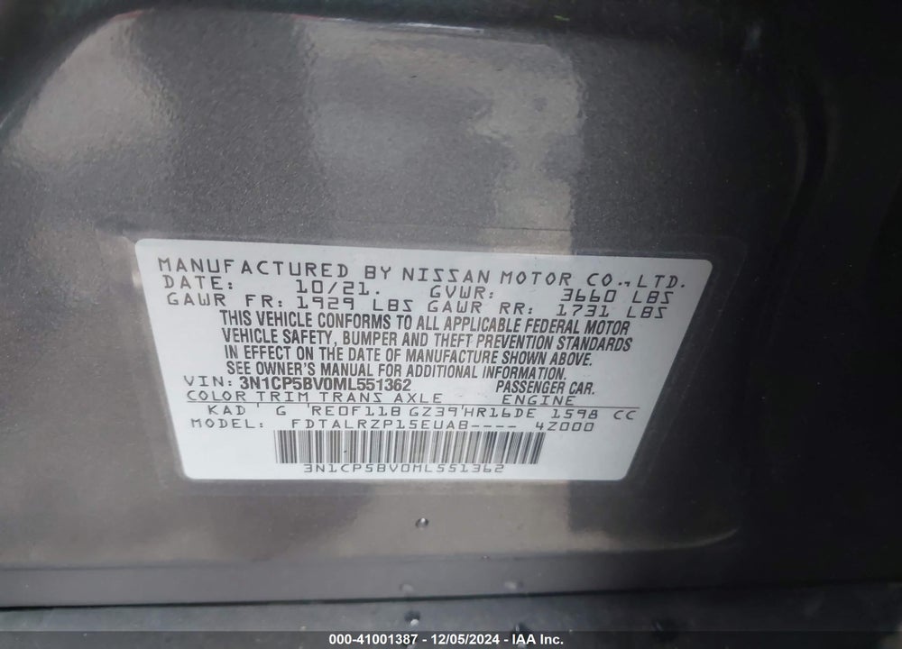 2021 NISSAN KICKS S XTRONIC CVT VIN: 3N1CP5BV0ML551362