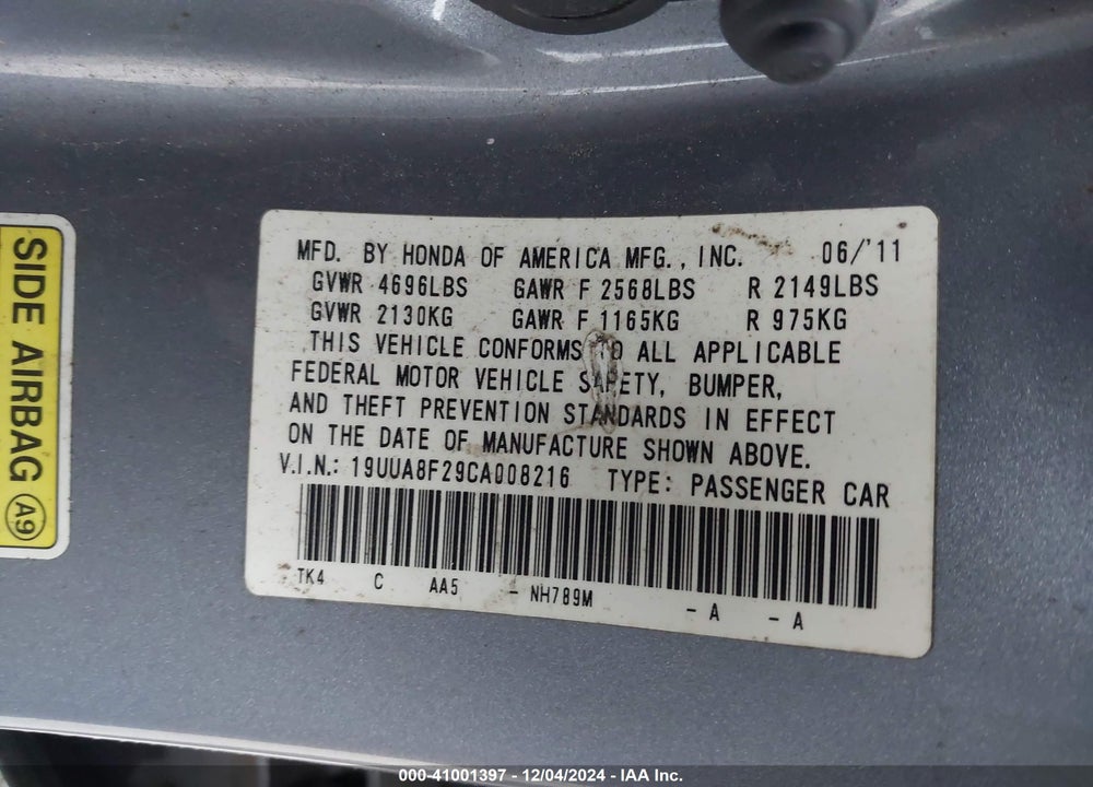 2012 ACURA TL 3.5 VIN: 19UUA8F29CA008216