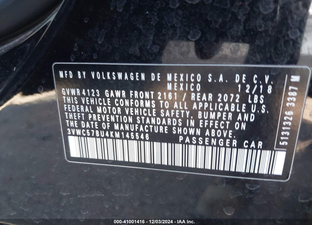 2019 VOLKSWAGEN JETTA VIN: 3VWC57BU4KM145546