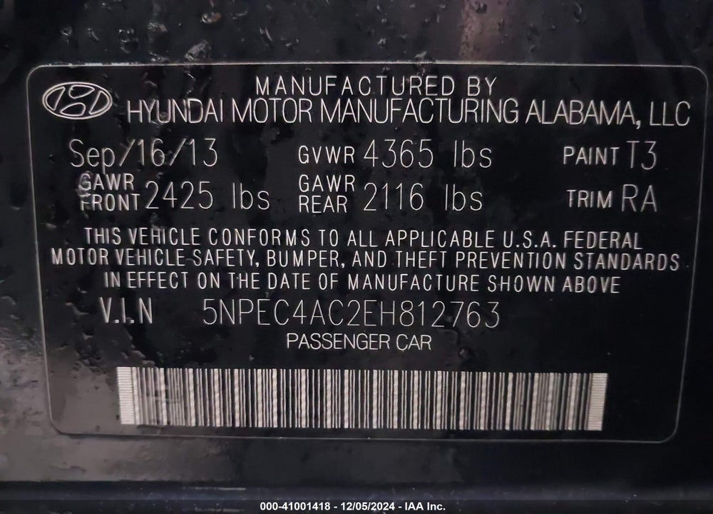 2014 HYUNDAI SONATA SE VIN: 5NPEC4AC2EH812763