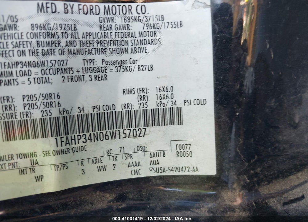 2006 FORD FOCUS VIN: 1FAHP34N06W157027