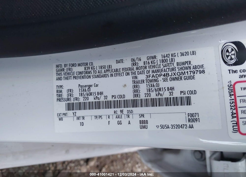 2016 FORD FIESTA SE VIN: 3FADP4BJXGM179798