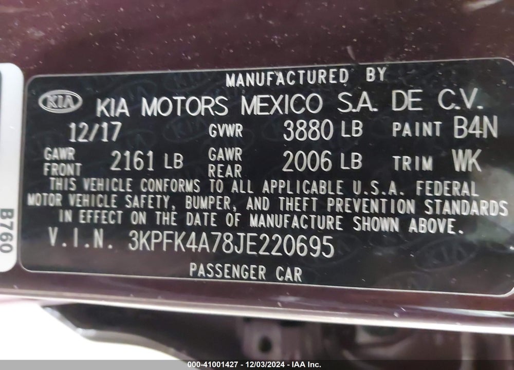 2018 KIA FORTE VIN: 3KPFK4A78JE220695