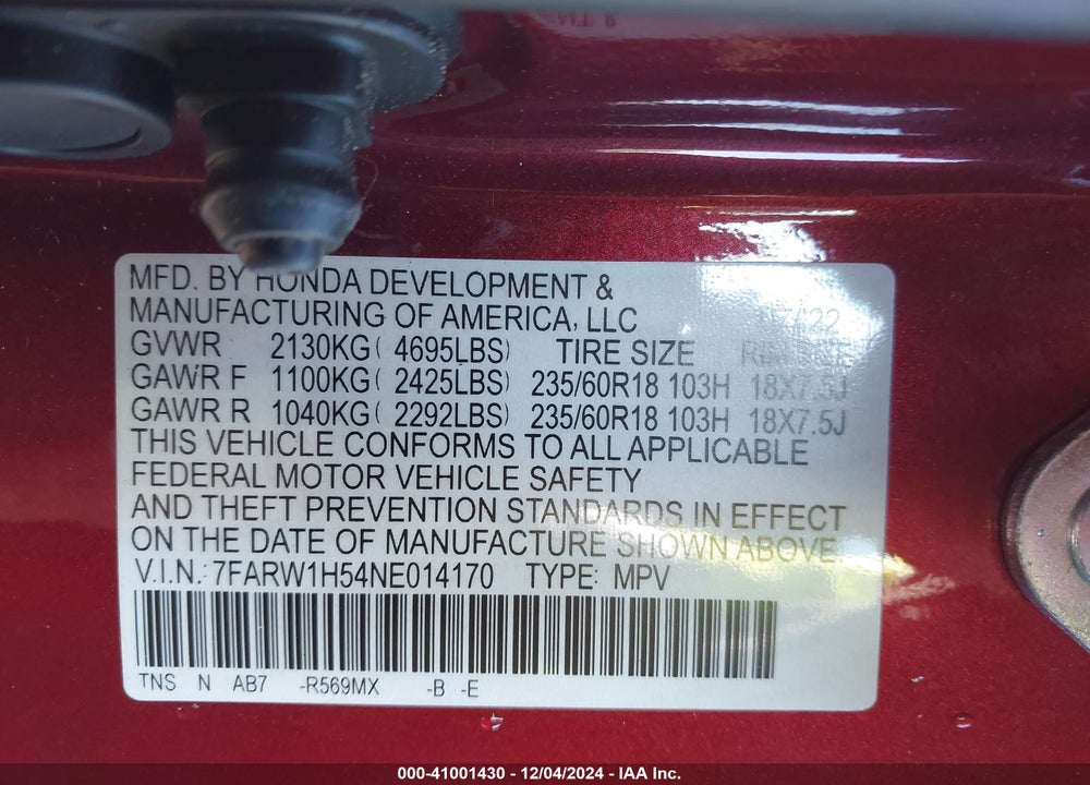 2022 HONDA CR-V 2WD EX VIN: 7FARW1H54NE014170