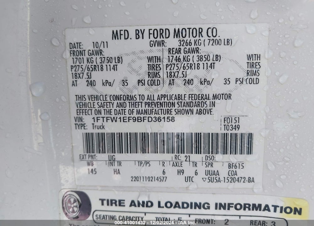 2011 FORD F-150 LARIAT VIN: 1FTFW1EF9BFD36158
