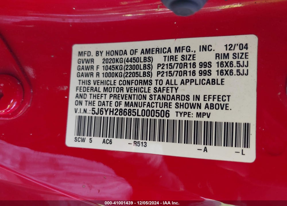 2005 HONDA ELEMENT EX VIN: 5J6YH28685L000506