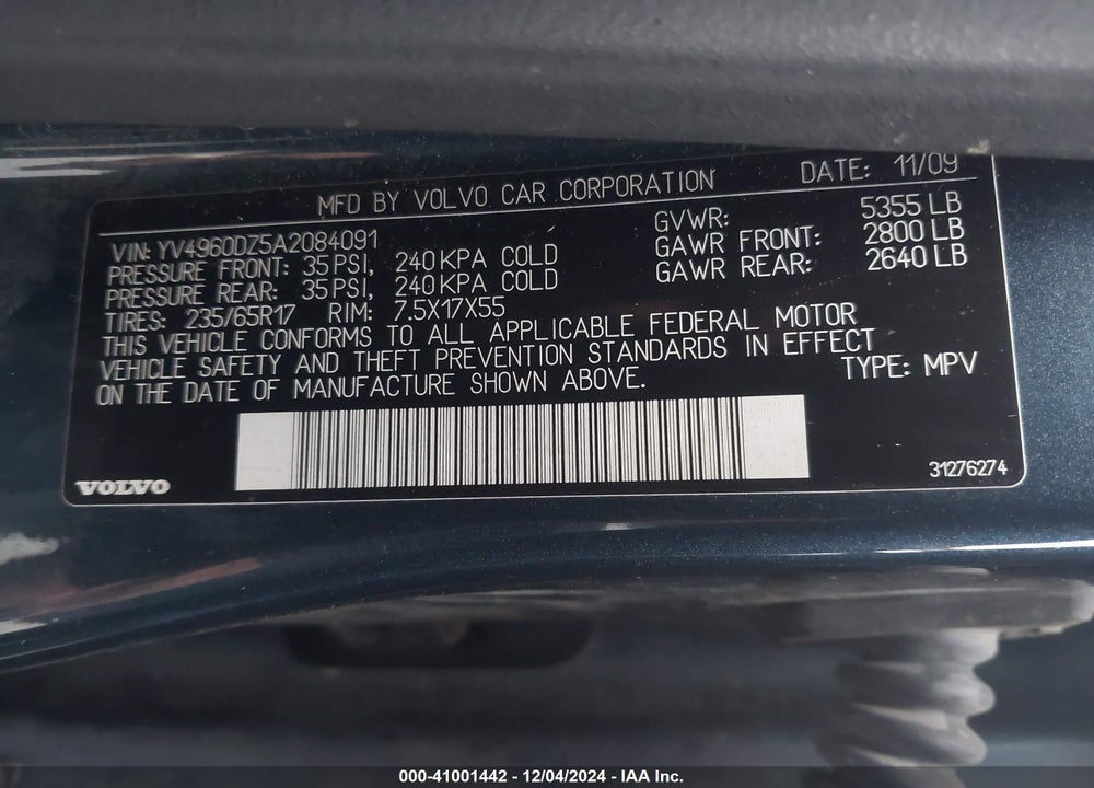 2010 VOLVO XC60 3.2 VIN: YV4960DZ5A2084091