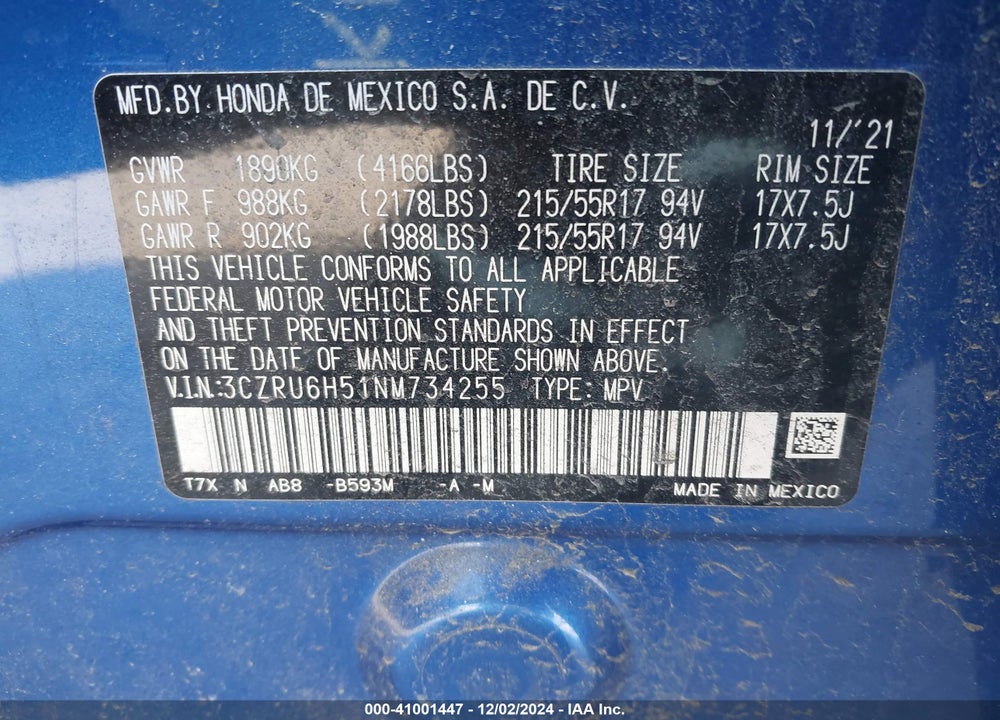 2022 HONDA HR-V AWD EX VIN: 3CZRU6H51NM734255