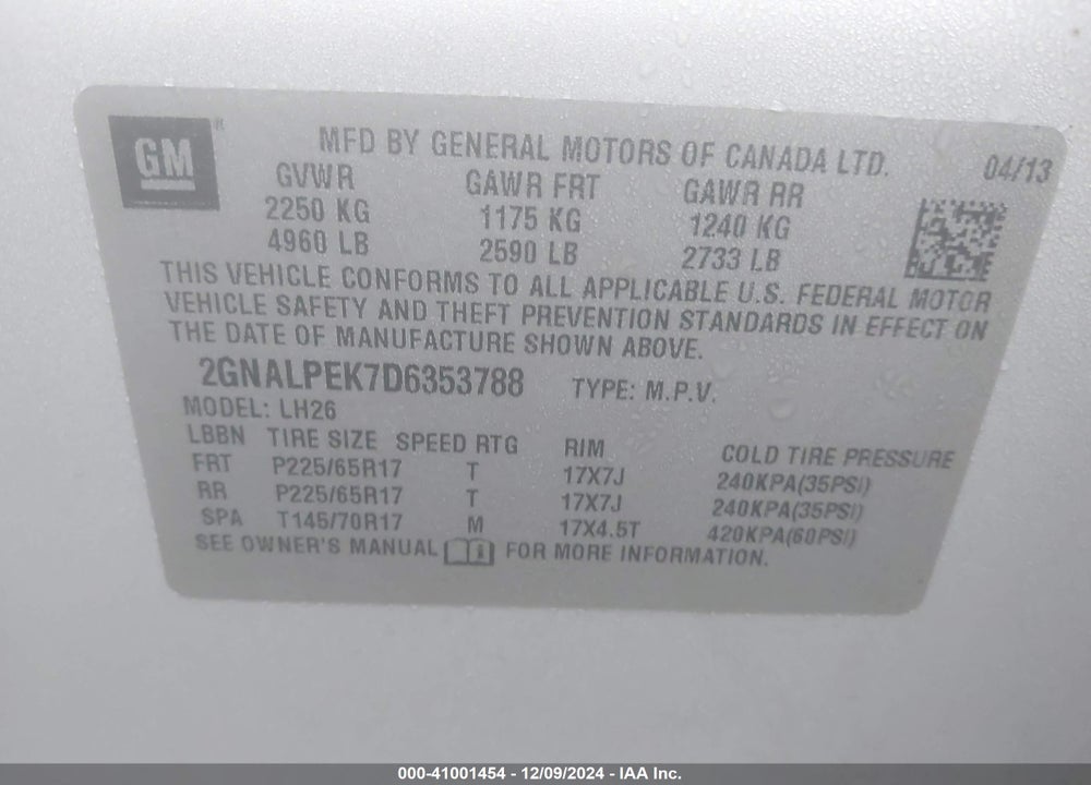 2013 CHEVROLET EQUINOX 2LT VIN: 2GNALPEK7D6353788